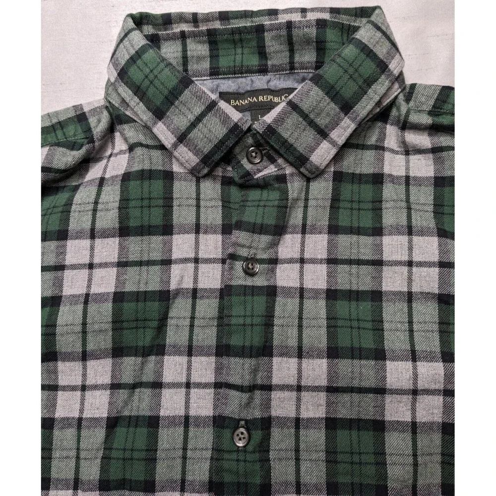 BANANA REPUBLIC Men‎ Large Green Gray Plaid Cotton FLANNEL Shirt